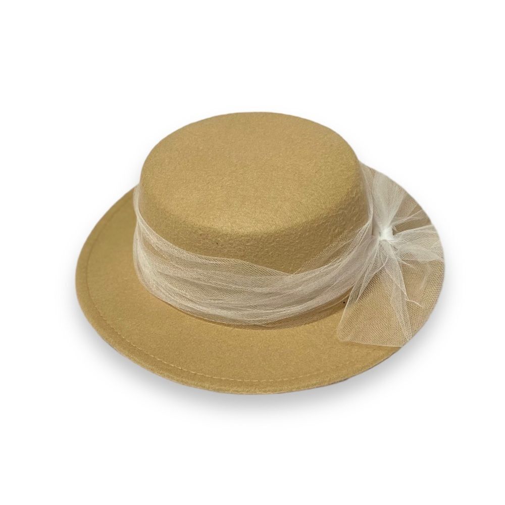 Tan Round Crown Stiff Short Brim Tulle Bow Band Felt Boater Hat